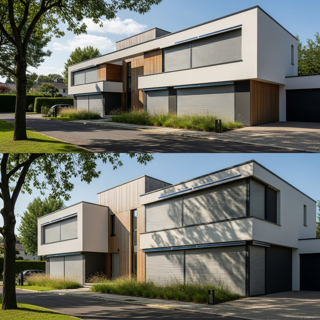 Maison moderne équipée de volets roulants solaires en aluminium dans le 77