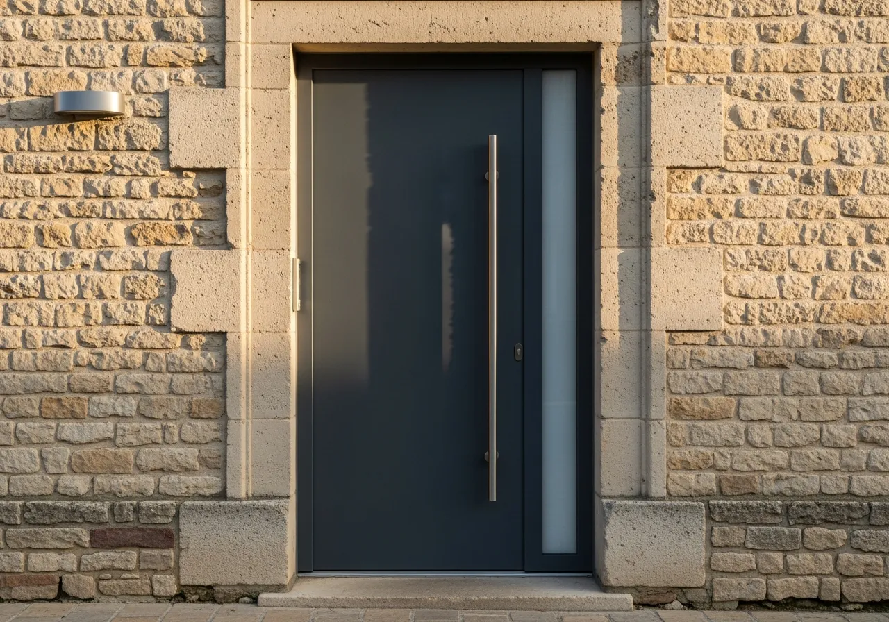 Porte d'entrée aluminium Senlis, porte monobloc design noir sablé, installation porte blindée Oise, menuiserie aluminium Chantilly, BPM 77 artisan poseur, porte entrée vitrée sécurité, rénovation porte maison ancienne Senlis, isolation thermique porte alu, serrure multipoints automatique, porte d'entrée contemporaine sur mesure.