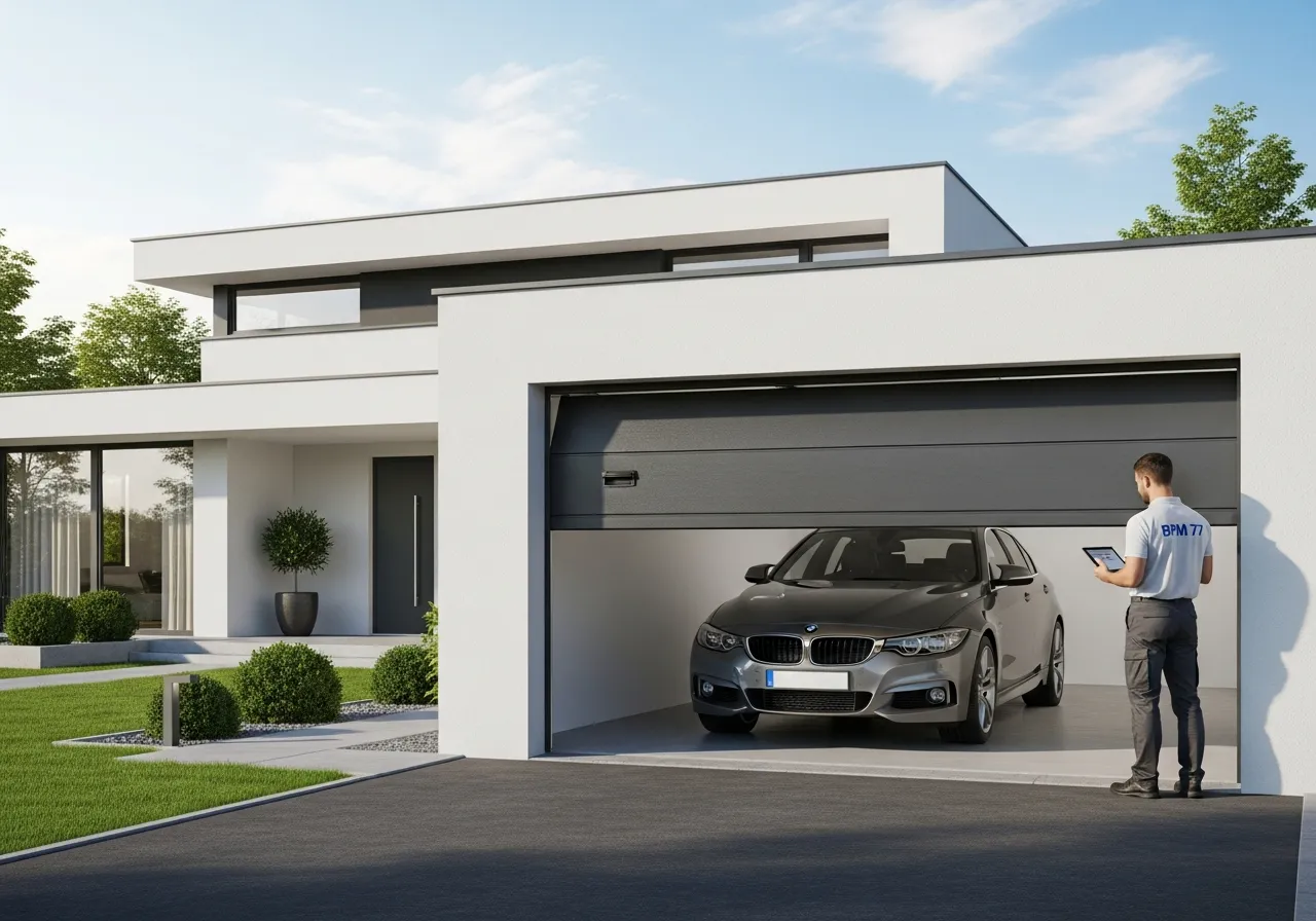 Porte de garage sectionnelle Le Plessis-Belleville, rénovation porte garage Oise, panneau sandwich isolant 40mm, motorisation porte garage Somfy, porte garage gris anthracite avec hublots, installateur BPM 77 menuiserie, porte garage gain de place, sécurité garage anti-effraction, porte sectionnelle sur mesure Nanteuil, remplacement porte basculante.