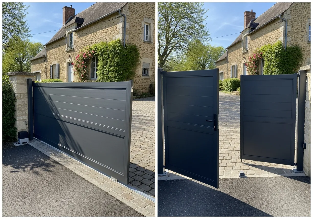 Installation portail aluminium Crépy-en-Valois, différence portail coulissant battant, portail motorisé Somfy Oise, menuiserie extérieure BPM 77, portail alu gris anthracite moderne, poseur portail Compiègne, portail coulissant gain de place, rénovation entrée maison 60, portail battant motorisé bras articulés, clôture aluminium assortie