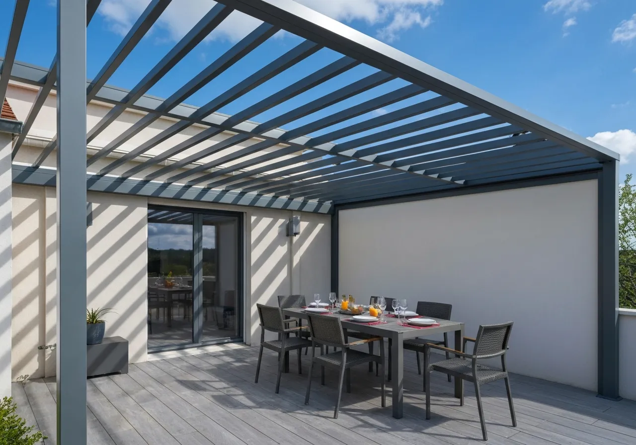 Pergola bioclimatique Meaux, installation pergola aluminium 77, lames orientables motorisées, aménagement terrasse Seine-et-Marne, protection solaire BPM 77, pergola adossée maison moderne, store screen zip latéral, espace de vie extérieur, pergola étanche pluie, artisan menuisier Meaux