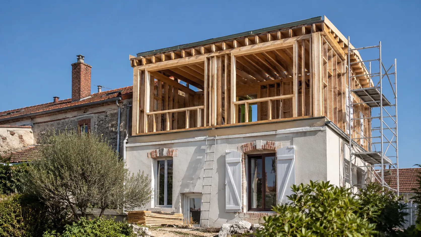 surélévation bois ; surélévation maison ; ossature bois ; agrandissement vertical ; construction bois Seine-et-Marne ; BPM 77