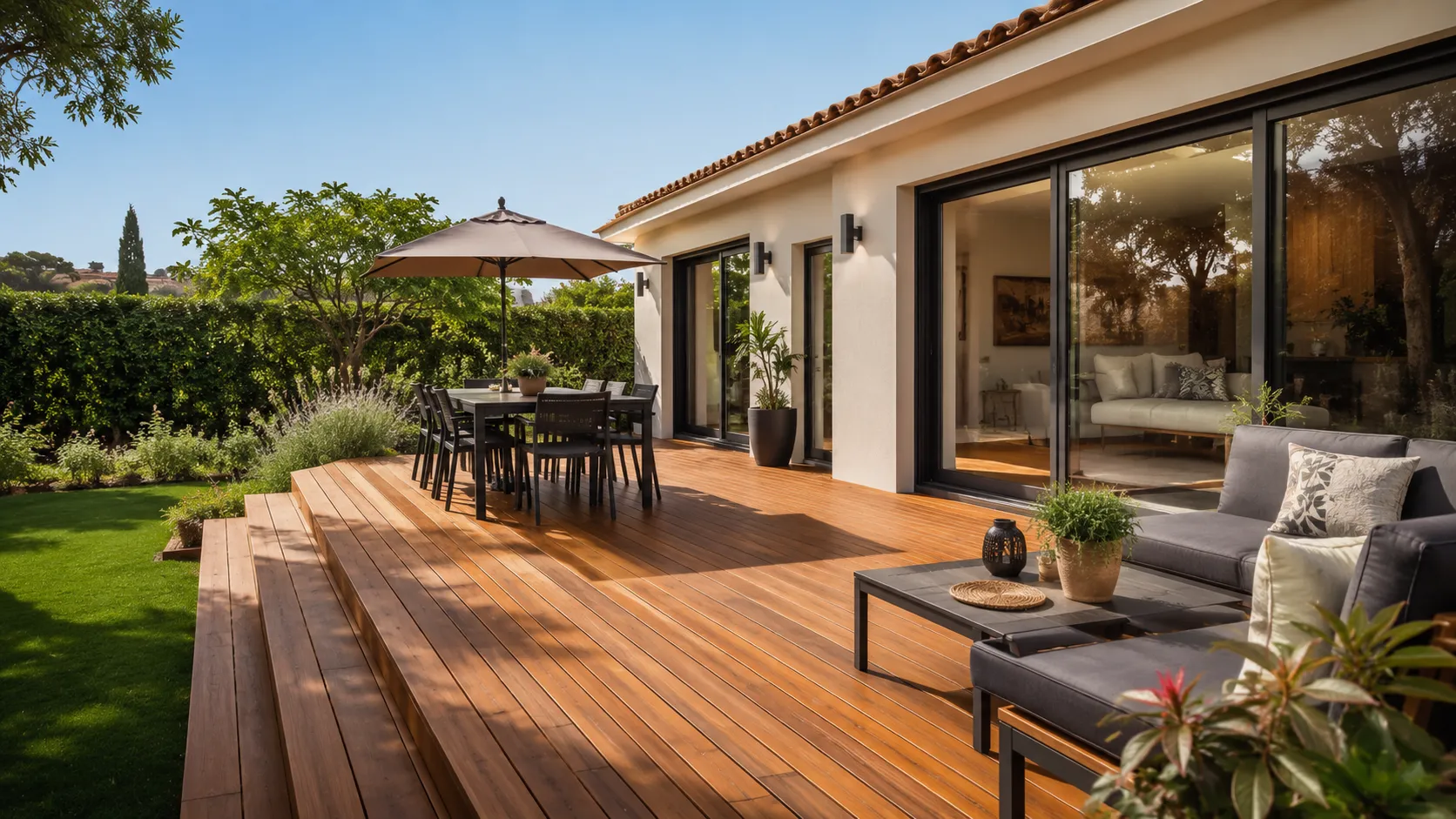 terrasse bois ; création terrasse bois ; terrasse maison Seine-et-Marne ; aménagement extérieur bois ; structure bois extérieure ; BPM 77