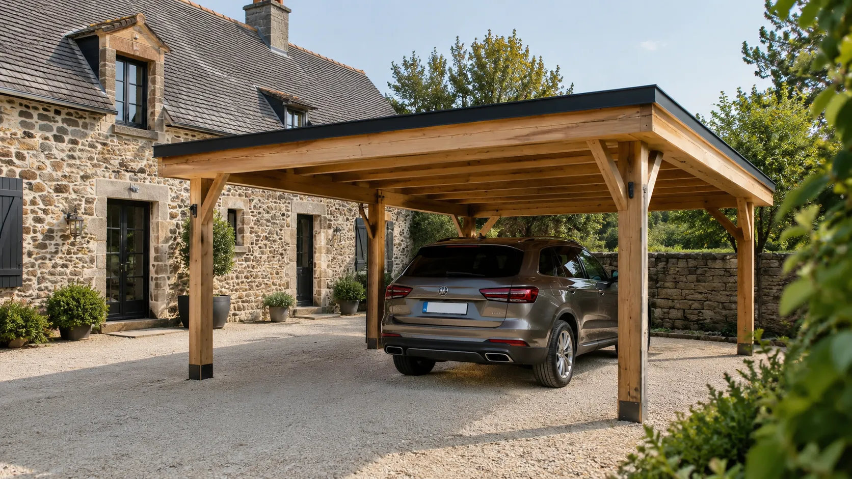 carport bois ; abri voiture bois ; carport sur mesure ; structure bois extérieure ; aménagement extérieur 77 ; BPM 77