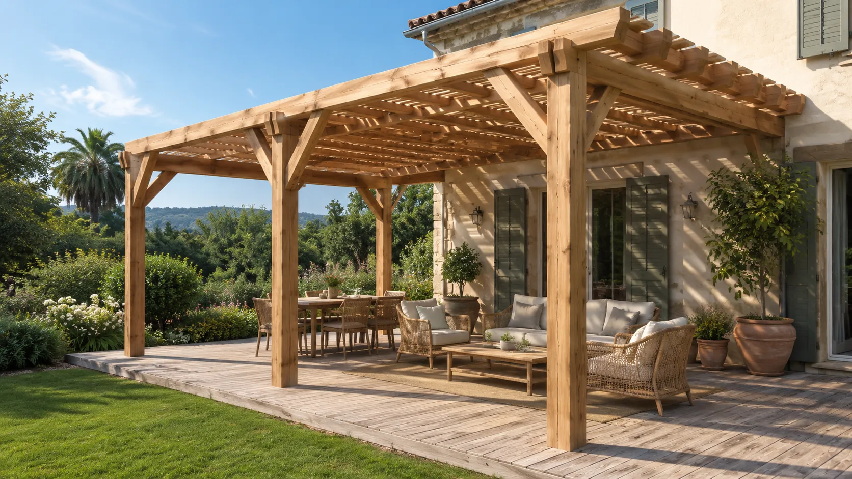 pergola bois ; pergola sur mesure ; pergola terrasse ; structure bois extérieure ; aménagement jardin Seine-et-Marne ; BPM 77