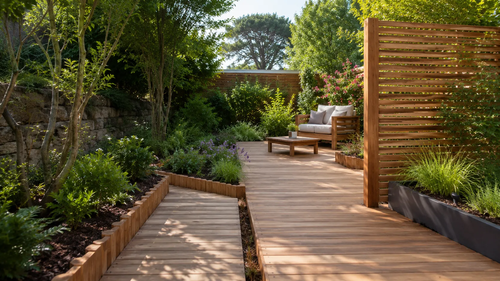 aménagement paysager bois ; jardin avec terrasse bois ; claustra bois ; cheminement bois ; aménagement extérieur Seine-et-Marne ; BPM 77
