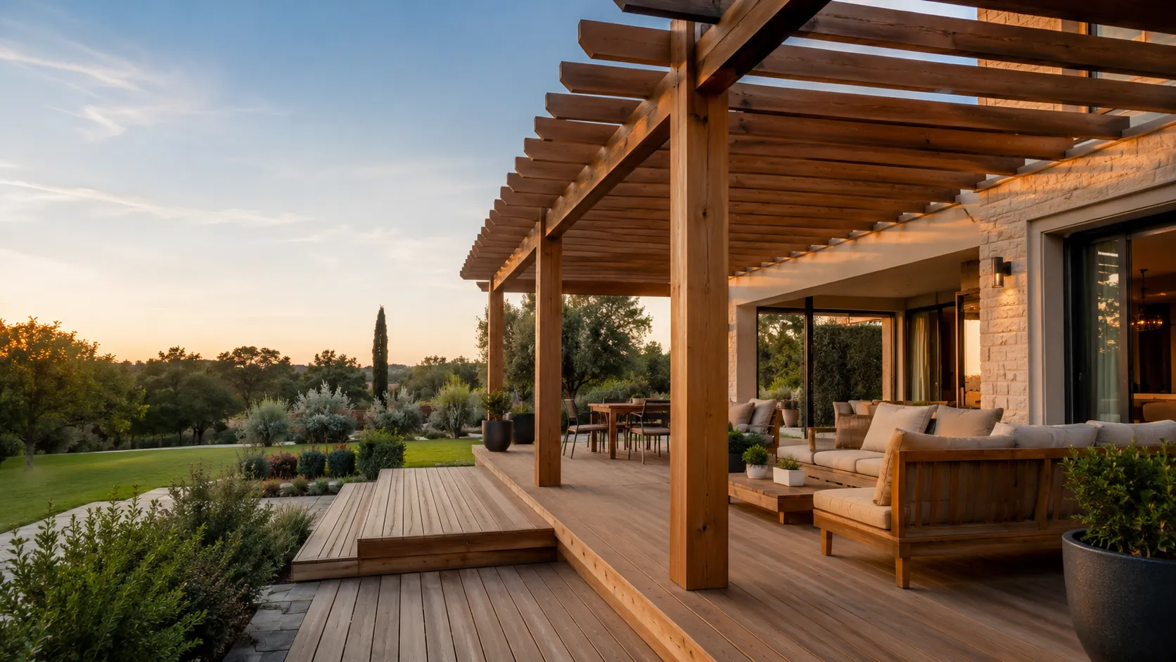 structures bois extérieures ; terrasse bois ; pergola bois ; aménagement extérieur bois ; construction bois extérieure ; carport bois ; BPM 77