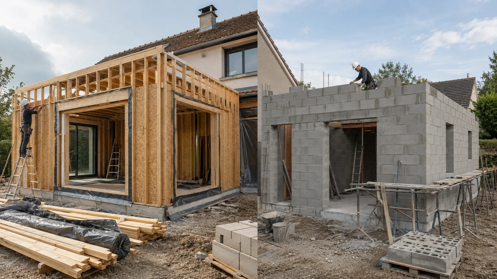 comparatif extension bois béton ; avantages extension ossature bois ; agrandissement maison rapide ; extension légère maison