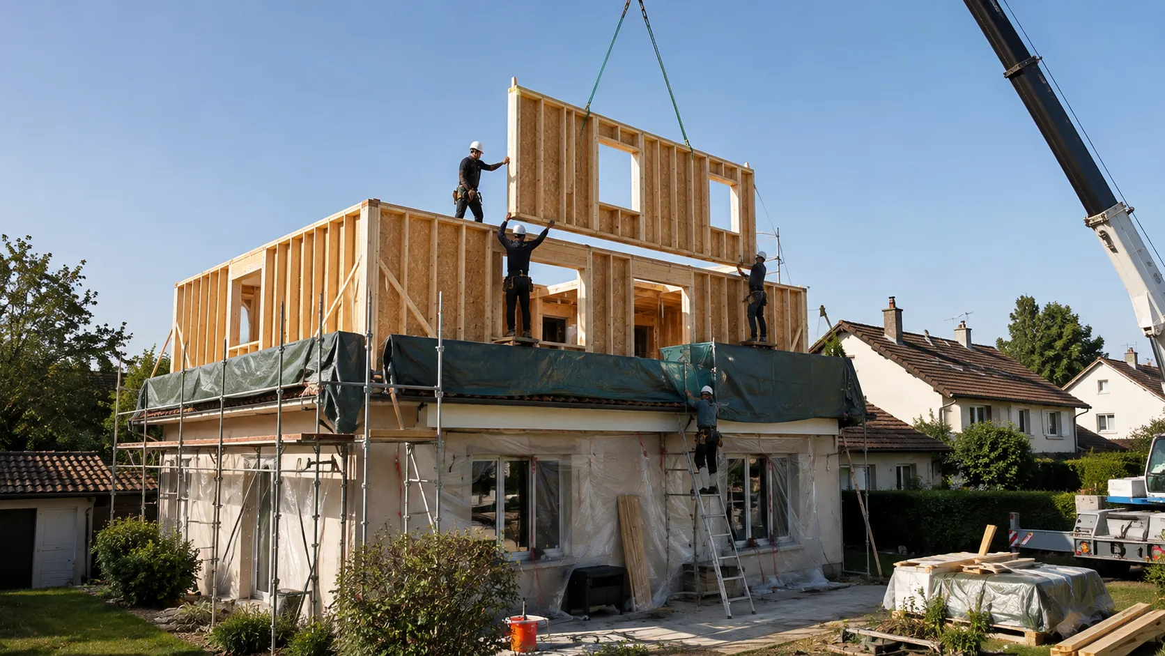 surélever maison en bois ; agrandir maison par le toit ; extension verticale ossature bois ; devis surélévation maison
