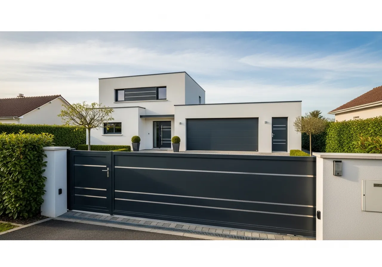 porte portail garage assortis ; couleur RAL menuiseries extérieures ; façade contemporaine ; rénovation extérieure coordonnée ; menuiseries assorties